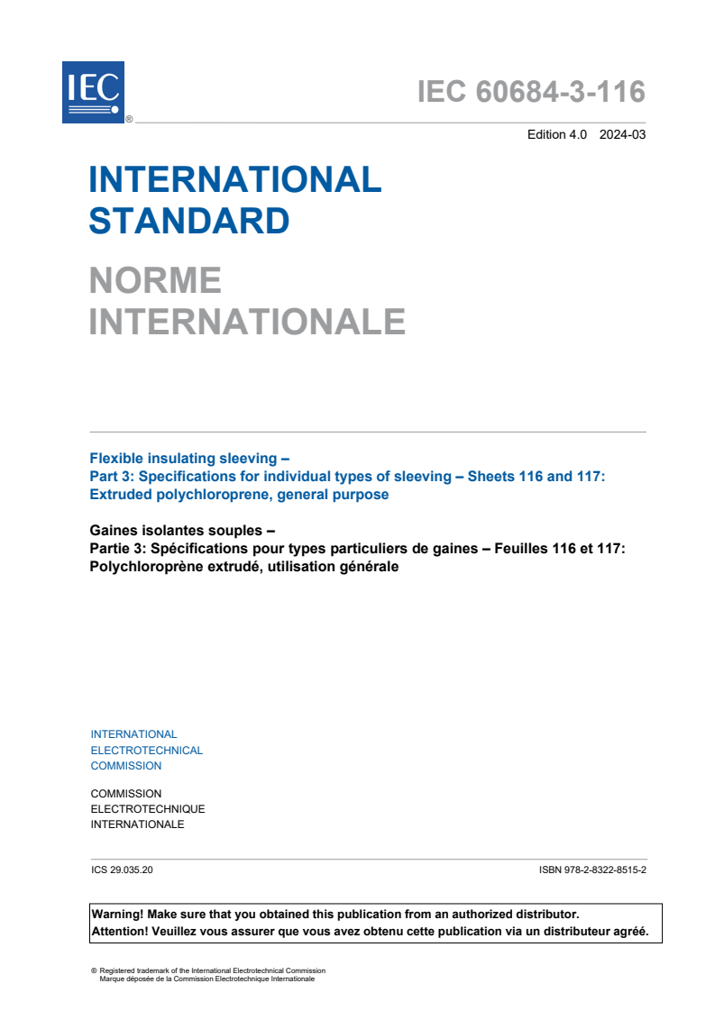 IEC 60684-3-116:2024 IEC 60684-3-116:2024 - Flexible insulating sleeving - Part 3: Specifications for individual types of sleeving - Sheets 116 and 117: Extruded polychloroprene, general purpose
Released:3/27/2024 - Page 3 preview