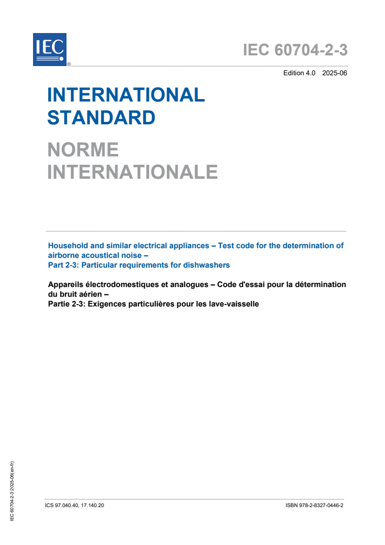 IEC 60704-2-3:2025 - Household and similar electrical appliances - Test code for the determination of airborne acoustical noise - Part 2-3: Particular requirements for dishwashers
Released:4. 06. 2025
Isbn:9782832704462