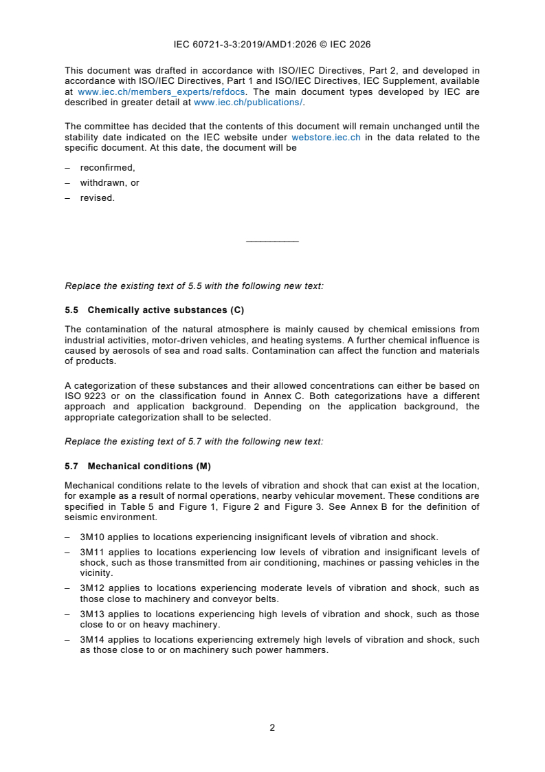 IEC 60721-3-3:2019/AMD1:2026 IEC 60721-3-3:2019/AMD1:2026 - Amendment 1 - Classification of environmental conditions - Part 3-3: Classification of groups of environmental parameters and their severities - Stationary use at weatherprotected locations - Page 4 preview