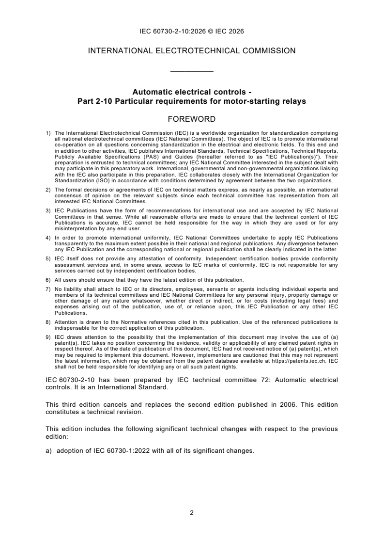 IEC 60730-2-10:2026 IEC 60730-2-10:2026 - Automatic electrical controls - Part 2-10: Particular requirements for motor-starting relays - Page 4 preview