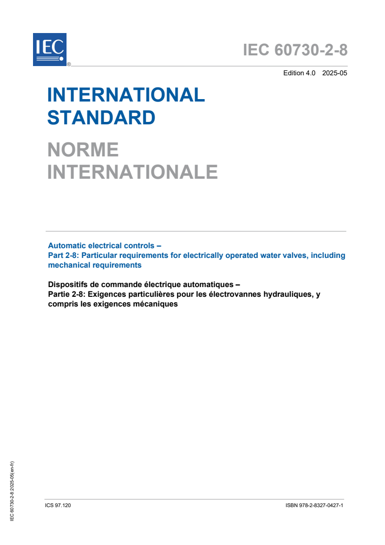 IEC 60730-2-8:2025 IEC 60730-2-8:2025 - Automatic electrical controls - Part 2-8: Particular requirements for electrically operated water valves, including mechanical requirements
Released:15. 05. 2025
Isbn:9782832704271