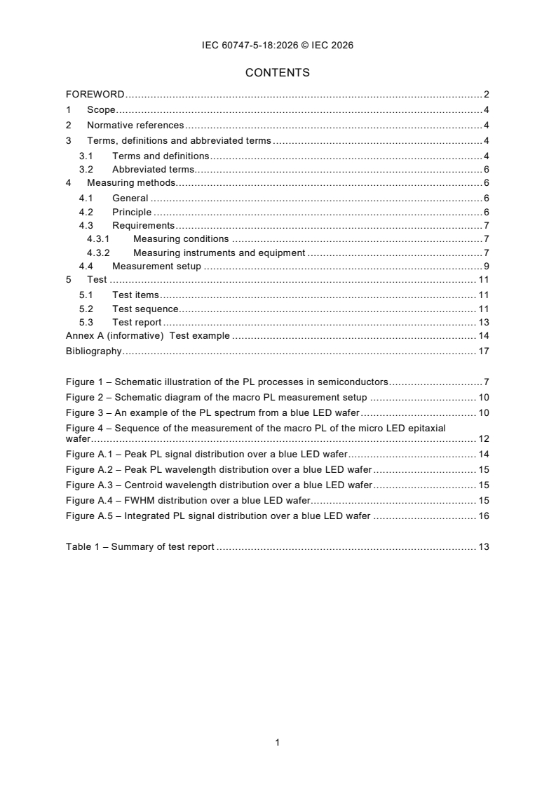 IEC 60747-5-18:2026 IEC 60747-5-18:2026 - Semiconductor devices - Part 5-18: Optoelectronic devices - Light emitting diodes - Test method of the macro photoluminescence for epitaxial wafers of micro light emitting diodes - Page 3 preview