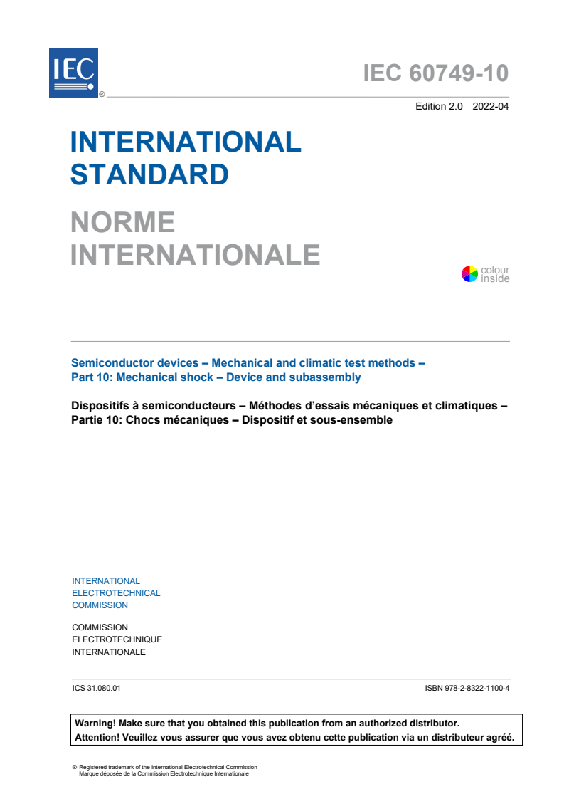 IEC 60749-10:2022 IEC 60749-10:2022 - Semiconductor devices - Mechanical and climatic test methods - Part 10: Mechanical shock - device and subassembly
Released:4/27/2022 - Page 3 preview