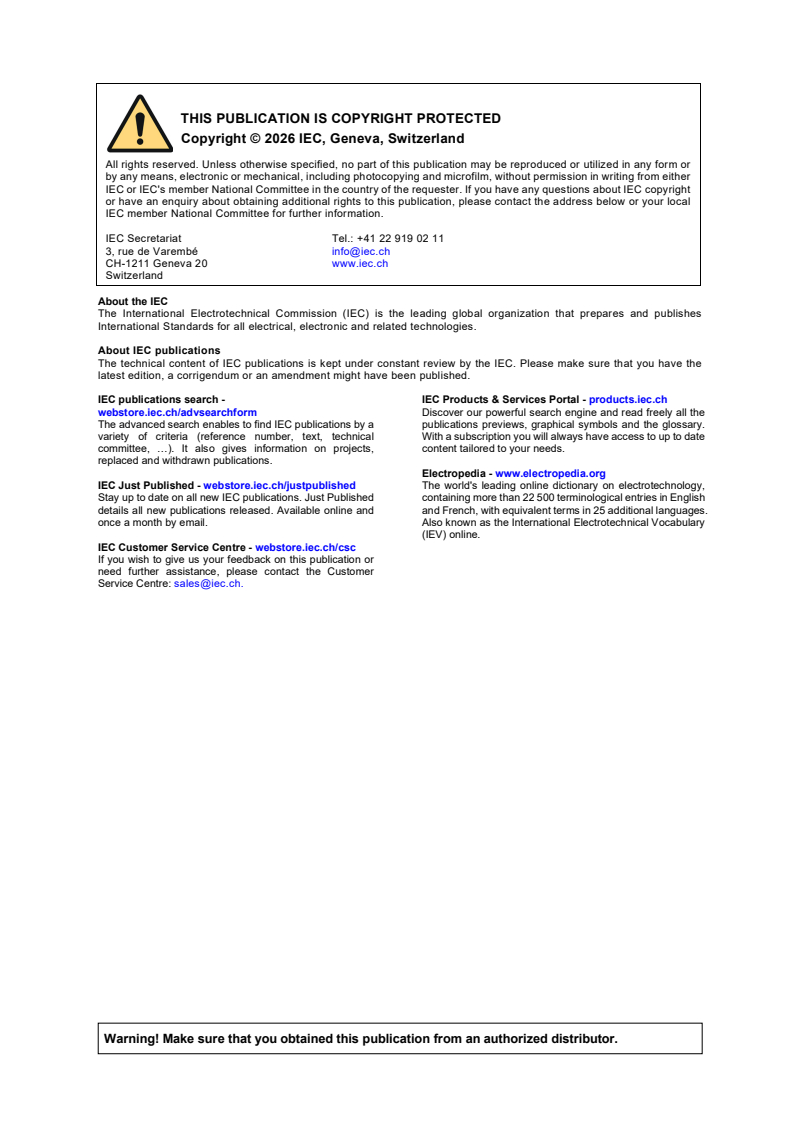 IEC 60794-1-131:2026 IEC 60794-1-131:2026 - Optical fibre cables - Part 1-131: Generic specification - Basic optical cable test procedures - Mechanical tests methods - Microduct inner clearance test, Method E31
Released:7. 01. 2026
Isbn:9782832709627 - Page 2 preview