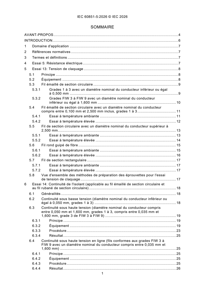 IEC 60851-5:2026 iec60851-5{ed5.0}fr - Fils de bobinage - Méthodes d'essai - Partie 5: Propriétés électriques - Page 3 preview