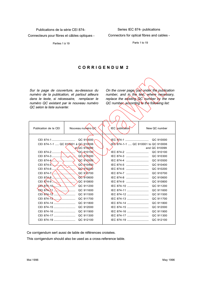 IEC 60874-14:1993 IEC 60874-14:1993/COR2:1996 - Corrigendum 2 - Connectors for optical fibres and cables - Part 14: Sectional specification for fibre optic connector - Type SC - Page 1 preview