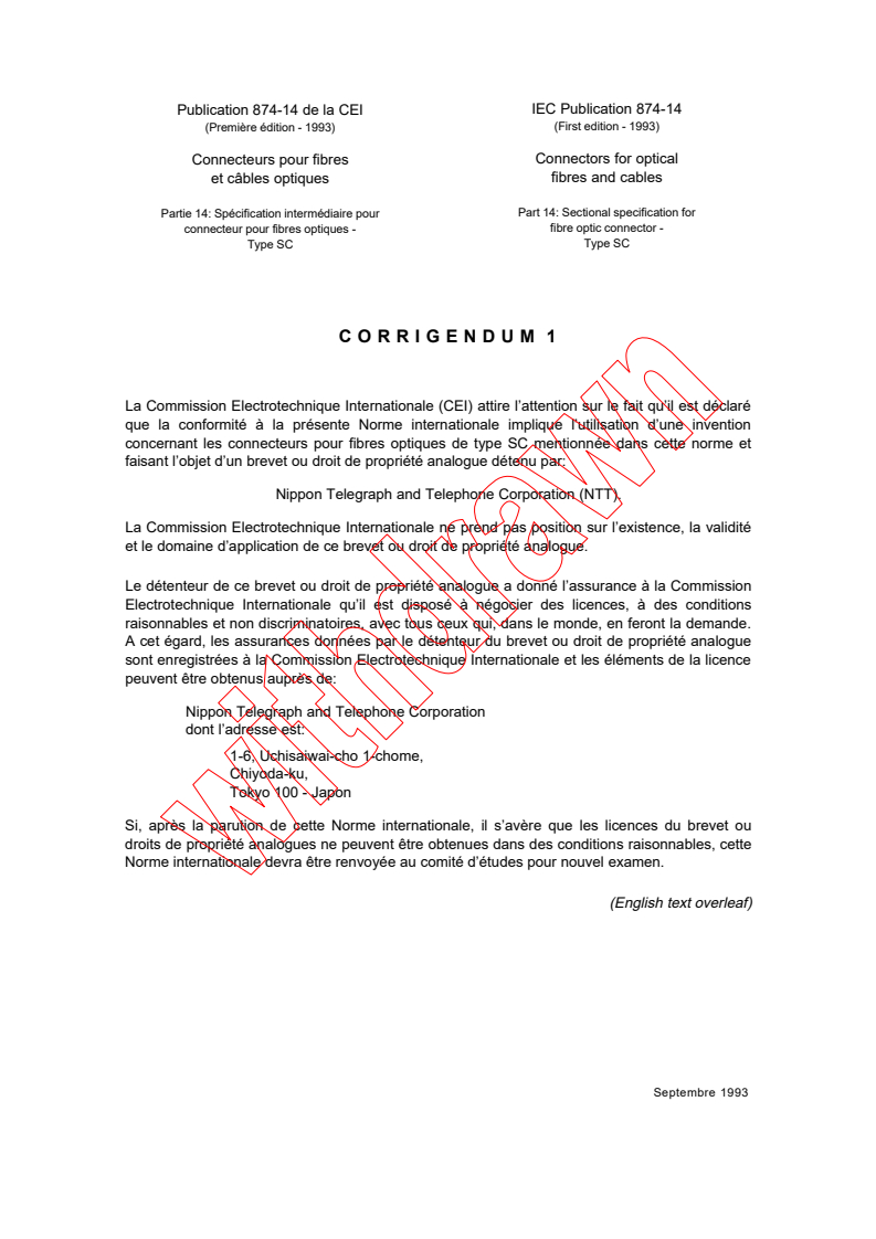 IEC 60874-14:1993 IEC 60874-14:1993/COR1:1993 - Corrigendum 1 - Connectors for optical fibres and cables - Part 14: Sectional specification for fibre optic connector - Type SC - Page 1 preview