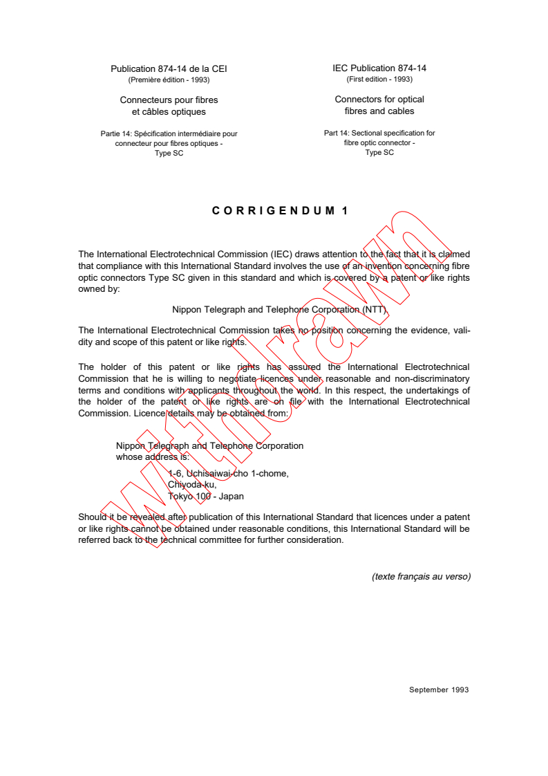 IEC 60874-14:1993 IEC 60874-14:1993/COR1:1993 - Corrigendum 1 - Connectors for optical fibres and cables - Part 14: Sectional specification for fibre optic connector - Type SC - Page 2 preview