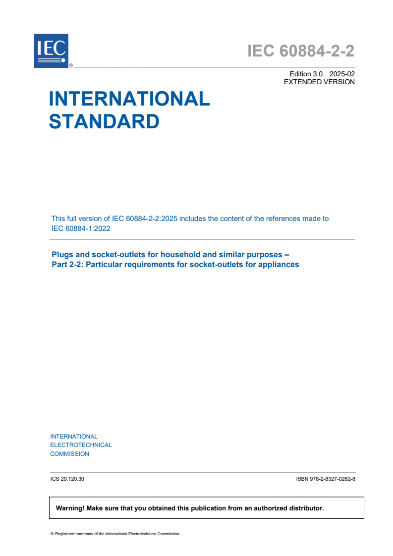IEC 60884-2-2:2025 IEC 60884-2-2:2025 EXV - Plugs and socket-outlets for household and similar purposes - Part 2-2: Particular requirements for socket-outlets for appliances - Page 3 preview