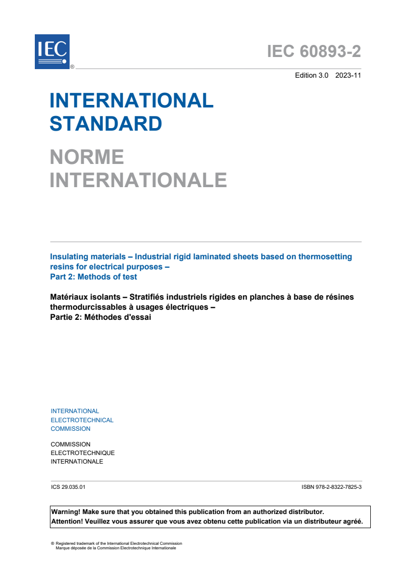 IEC 60893-2:2023 IEC 60893-2:2023 - Insulating materials - Industrial rigid laminated sheets based on thermosetting resins for electrical purposes - Part 2: Methods of test
Released:11/13/2023 - Page 3 preview