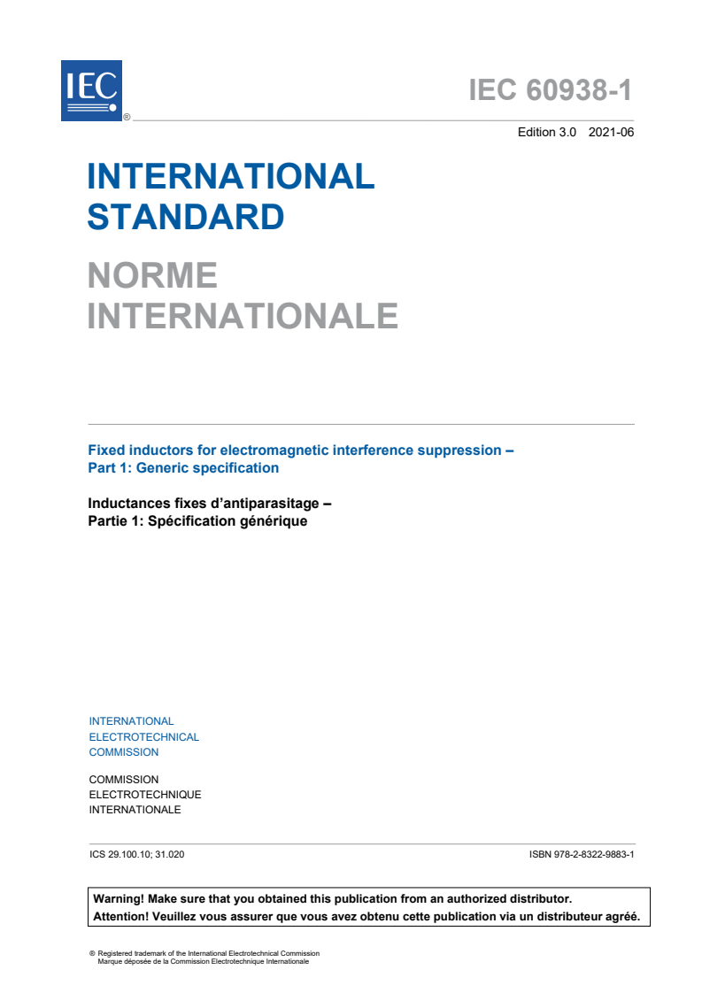 IEC 60938-1:2021 IEC 60938-1:2021 - Fixed inductors for electromagnetic interference suppression - Part 1: Generic specification
Released:6/16/2021 - Page 3 preview