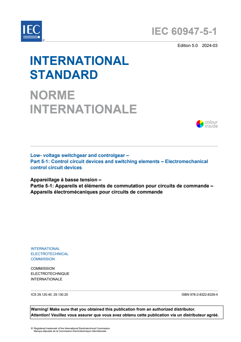 IEC 60947-5-1:2024 IEC 60947-5-1:2024 - Low-voltage switchgear and controlgear - Part 5-1: Control circuit devices and switching elements - Electromechanical control circuit devices
Released:3/26/2024 - Page 3 preview