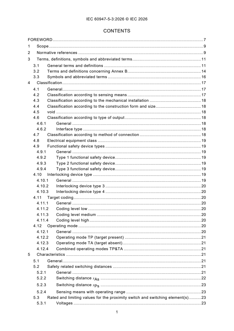 IEC 60947-5-3:2026 iec60947-5-3{ed3.0}en - Low-voltage switchgear and controlgear - Part 5-3: Control circuit devices and switching elements - Requirements for proximity devices with defined behaviour under fault conditions (PDDB) - Page 3 preview