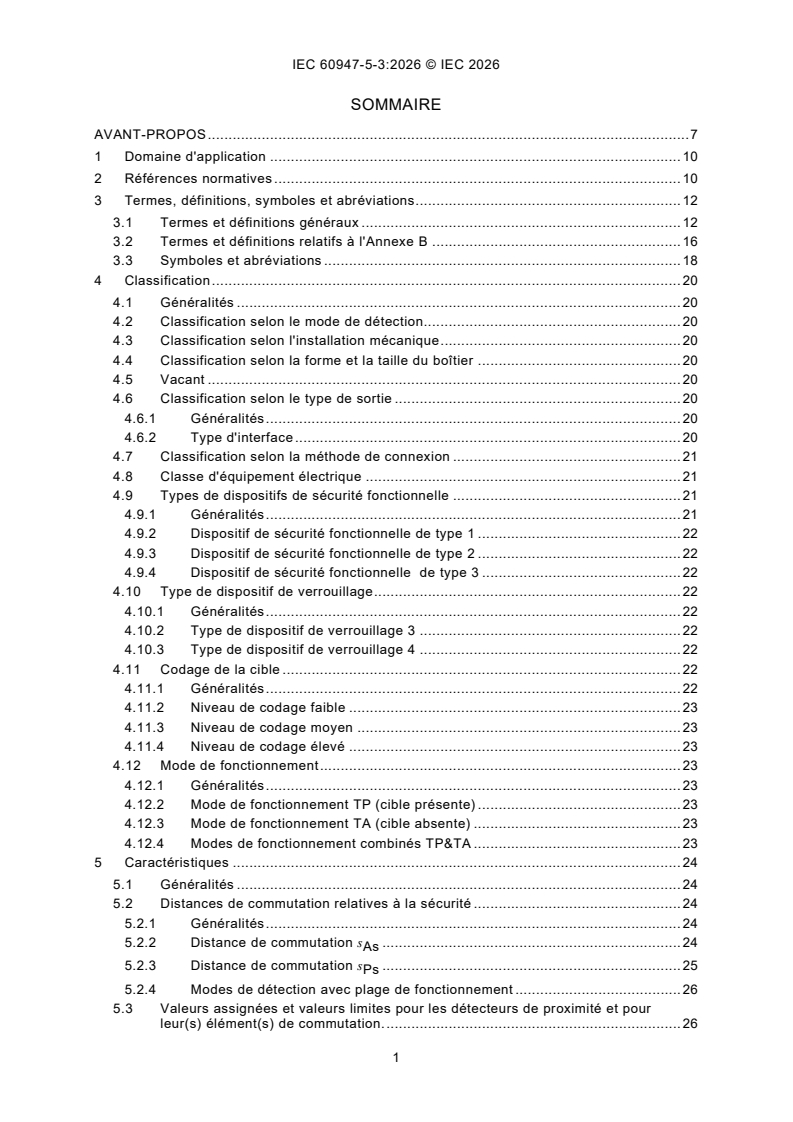 IEC 60947-5-3:2026 iec60947-5-3{ed3.0}fr - Appareillage à basse tension - Partie 5-3: Appareils et éléments de commutation pour circuits de commande - Exigences pour dispositifs de détection de proximité à comportement défini dans des conditions de défaut (PDDB) - Page 3 preview