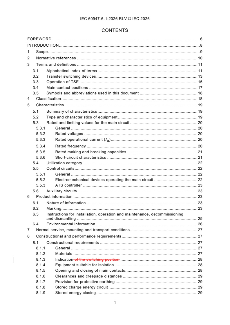 IEC 60947-6-1:2026 REDLINE IEC 60947-6-1:2026 RLV - Low-voltage switchgear and controlgear - Part 6-1: Multiple function equipment - Transfer switching equipment - Page 3 preview