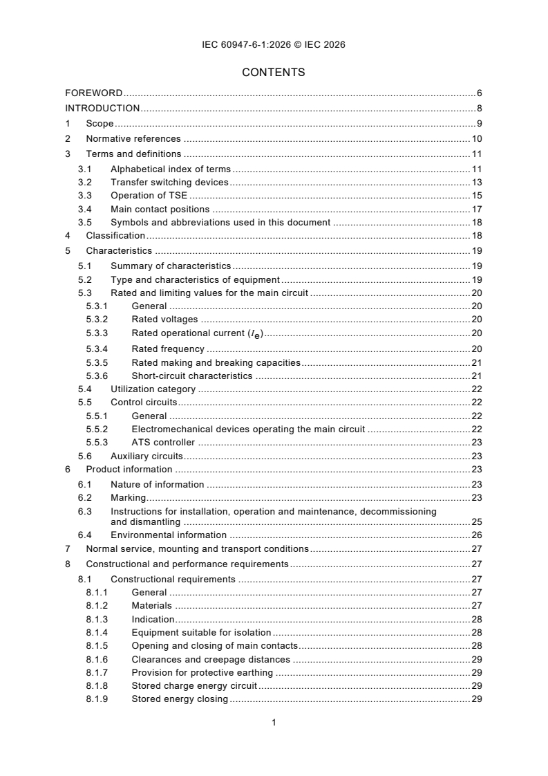 IEC 60947-6-1:2026 IEC 60947-6-1:2026 - Low-voltage switchgear and controlgear - Part 6-1: Multiple function equipment - Transfer switching equipment - Page 3 preview