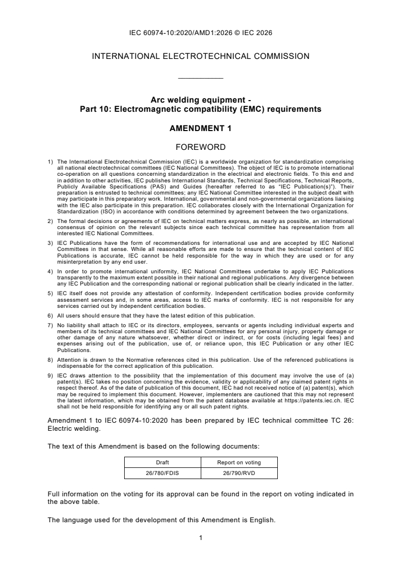 IEC 60974-10:2020/AMD1:2026 iec60974-10-amd1{ed4.0}en - Amendment 1 - Arc welding equipment - Part 10: Electromagnetic compatibility (EMC) requirements - Page 3 preview