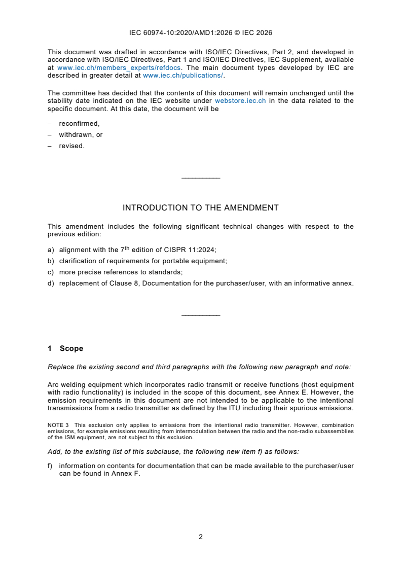 IEC 60974-10:2020/AMD1:2026 iec60974-10-amd1{ed4.0}en - Amendment 1 - Arc welding equipment - Part 10: Electromagnetic compatibility (EMC) requirements - Page 4 preview