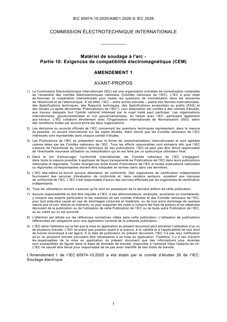 IEC 60974-10:2020/AMD1:2026 iec60974-10-amd1{ed4.0}fr - Amendement 1 - Matériel de soudage a l'arc - Partie 10: Exigences de compatibilité électromagnétique (CEM) - Page 3 preview