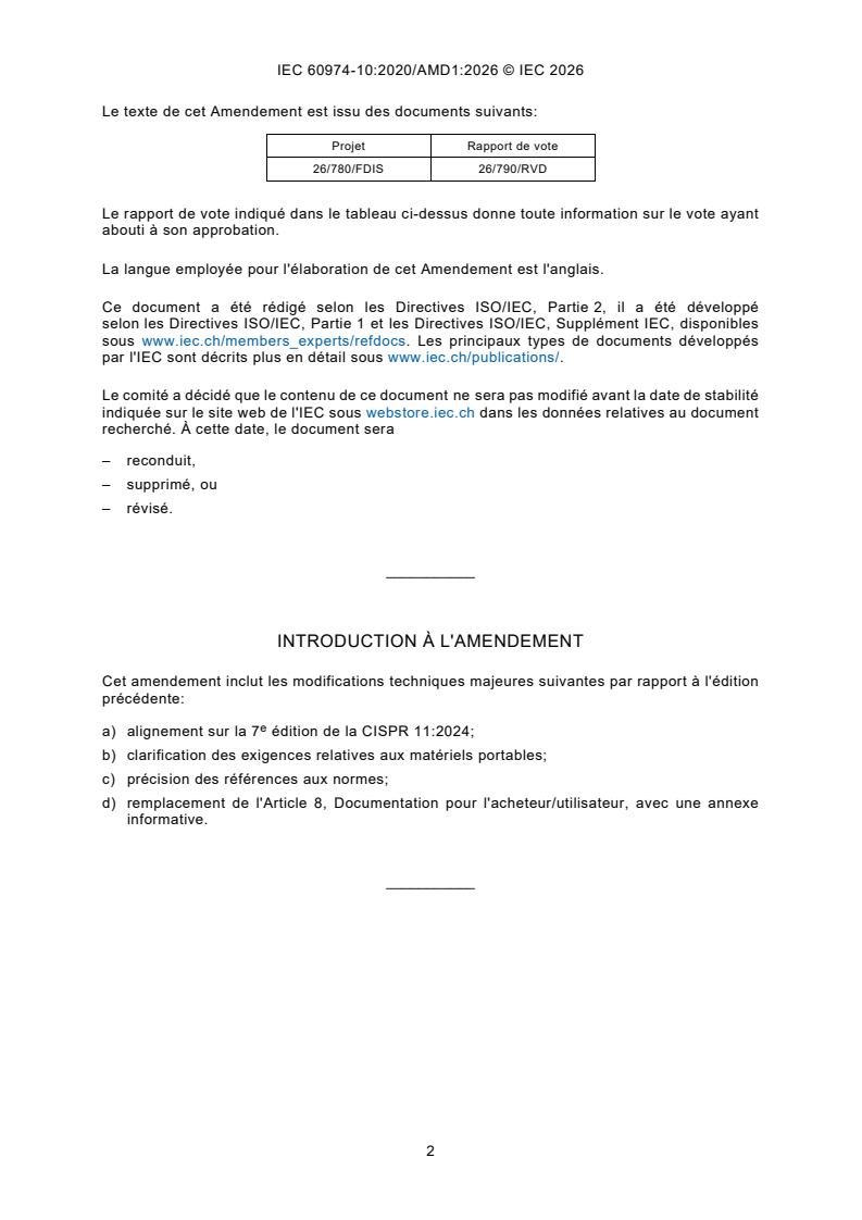 IEC 60974-10:2020/AMD1:2026 iec60974-10-amd1{ed4.0}fr - Amendement 1 - Matériel de soudage a l'arc - Partie 10: Exigences de compatibilité électromagnétique (CEM) - Page 4 preview