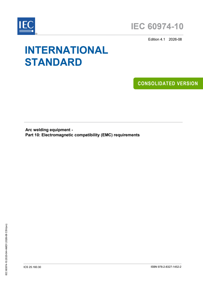IEC 60974-10:2020 IEC 60974-10:2020+AMD1:2026 CSV - Arc welding equipment - Part 10: Electromagnetic compatibility (EMC) requirements - Page 1 preview