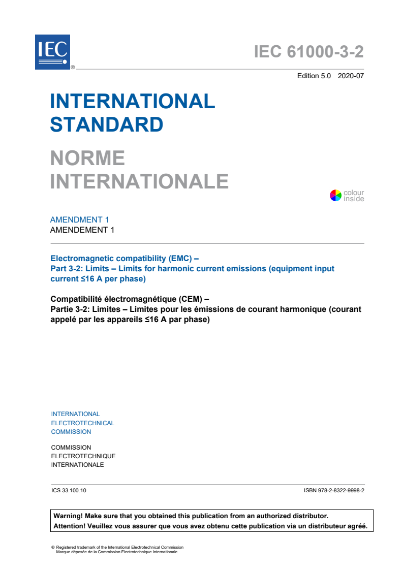 IEC 61000-3-2:2018/AMD1:2020 IEC 61000-3-2:2018/AMD1:2020 - Amendment 1 - Electromagnetic compatibility (EMC) - Part 3-2: Limits - Limits for harmonic current emissions (equipment input current ?16 A per phase)
Released:7/14/2020 - Page 3 preview