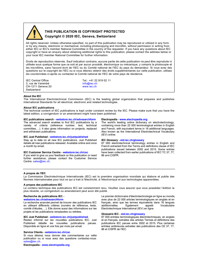 IEC 61000-4-11:2020 IEC 61000-4-11:2020 - Electromagnetic compatibility (EMC) - Part 4-11: Testing and measurement techniques - Voltage dips, short interruptions and voltage variations immunity tests for equipment with input current up to 16 A per phase
Released:1/28/2020 - Page 2 preview