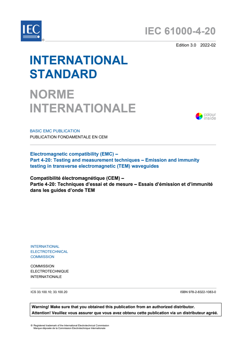 IEC 61000-4-20:2022 IEC 61000-4-20:2022 - Electromagnetic compatibility (EMC) - Part 4-20: Testing and measurement techniques - Emission and immunity testing in transverse electromagnetic (TEM) waveguides
Released:2/18/2022 - Page 3 preview