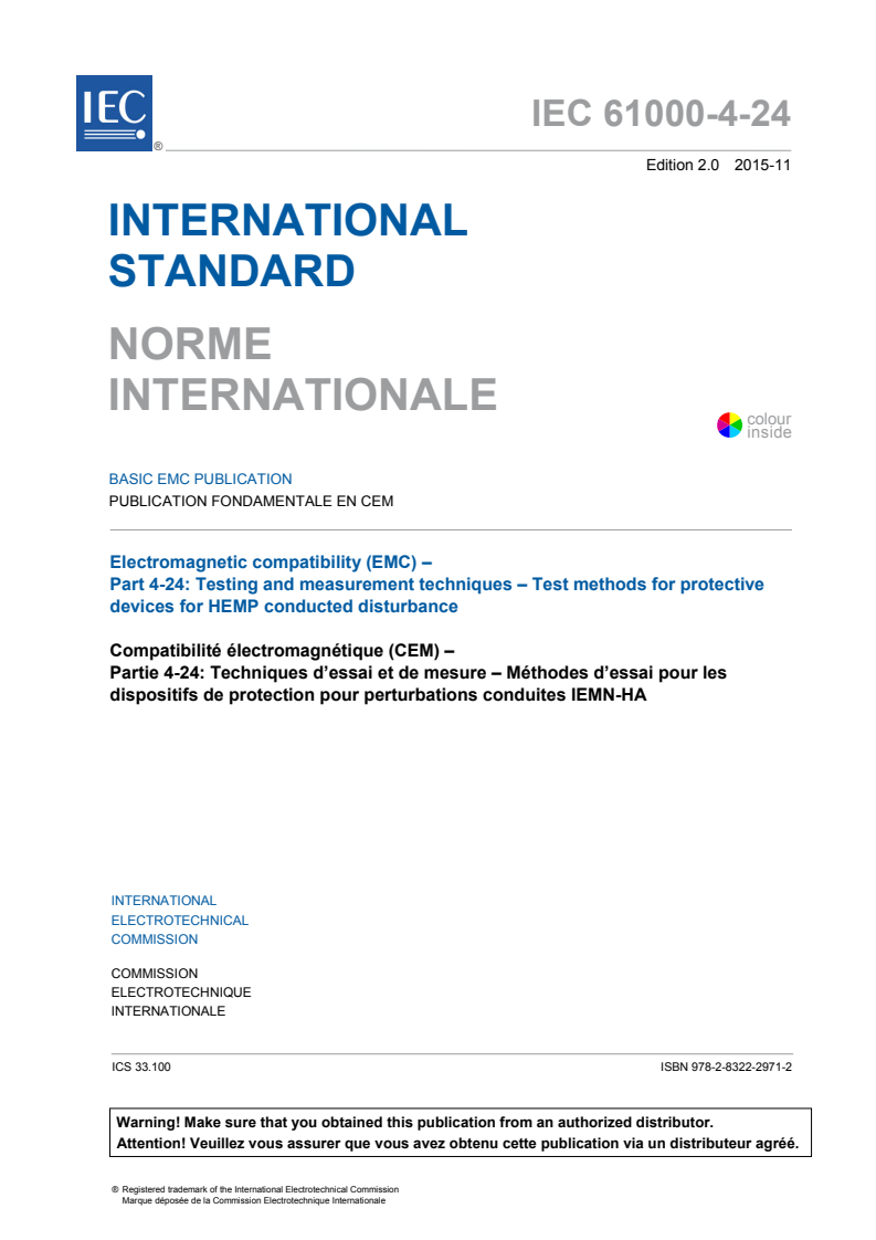 IEC 61000-4-24:2015 IEC 61000-4-24:2015 - Electromagnetic compatibility (EMC) - Part 4-24: Testing and measurement techniques - Test methods for protective devices for HEMP conducted disturbance
Released:11/5/2015 - Page 3 preview