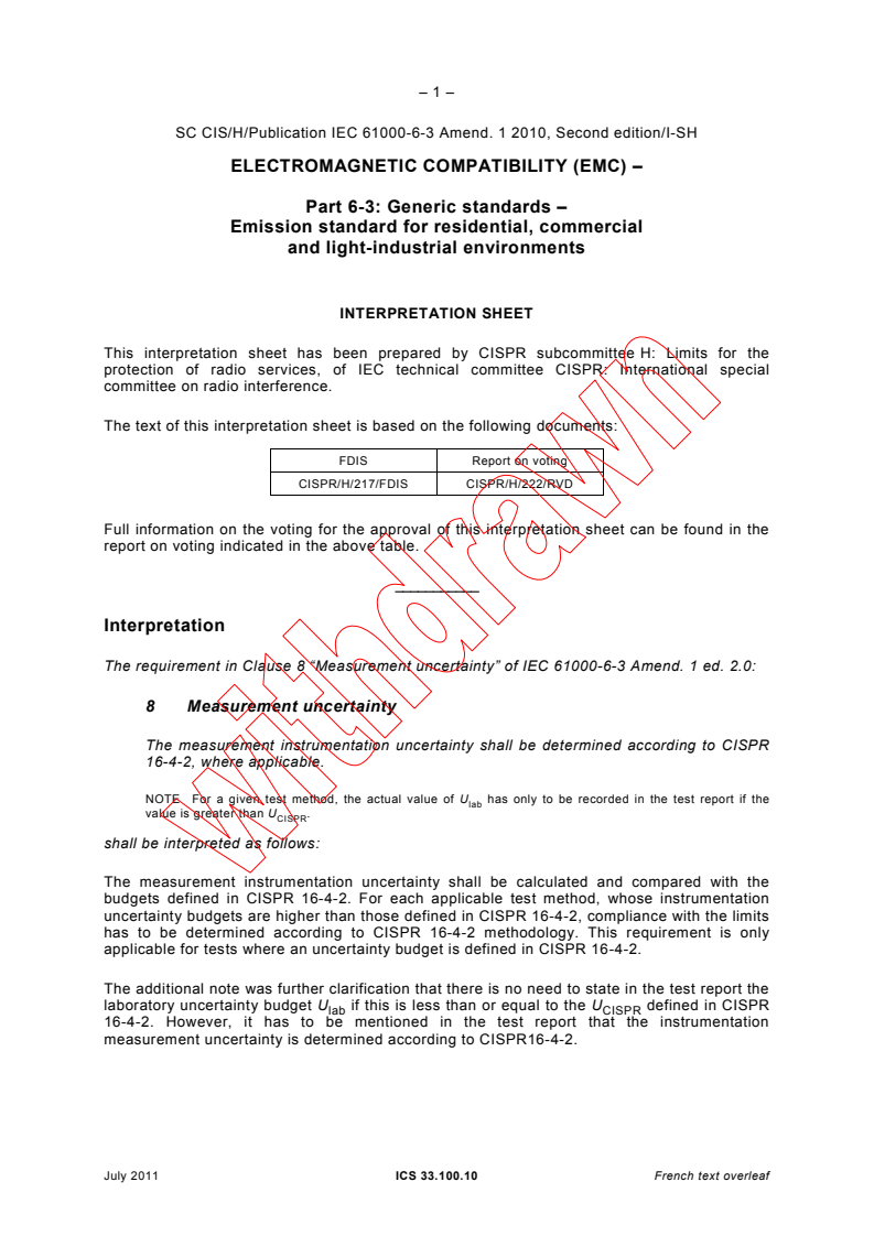 IEC 61000-6-3:2006/AMD1:2010 IEC 61000-6-3:2006/AMD1:2010 - Amendment 1 - Electromagnetic compatibility (EMC) - Part 6-3: Generic standards - Emission standard for residential, commercial and light-industrial environments - Page 4 preview
