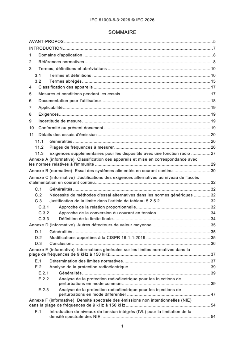 IEC 61000-6-3:2026 IEC 61000-6-3:2026 - Compatibilité électromagnétique (CEM) - Partie 6-3: Normes génériques - Norme sur l'émission relative aux appareils utilisés dans les environnements résidentiels - Page 3 preview