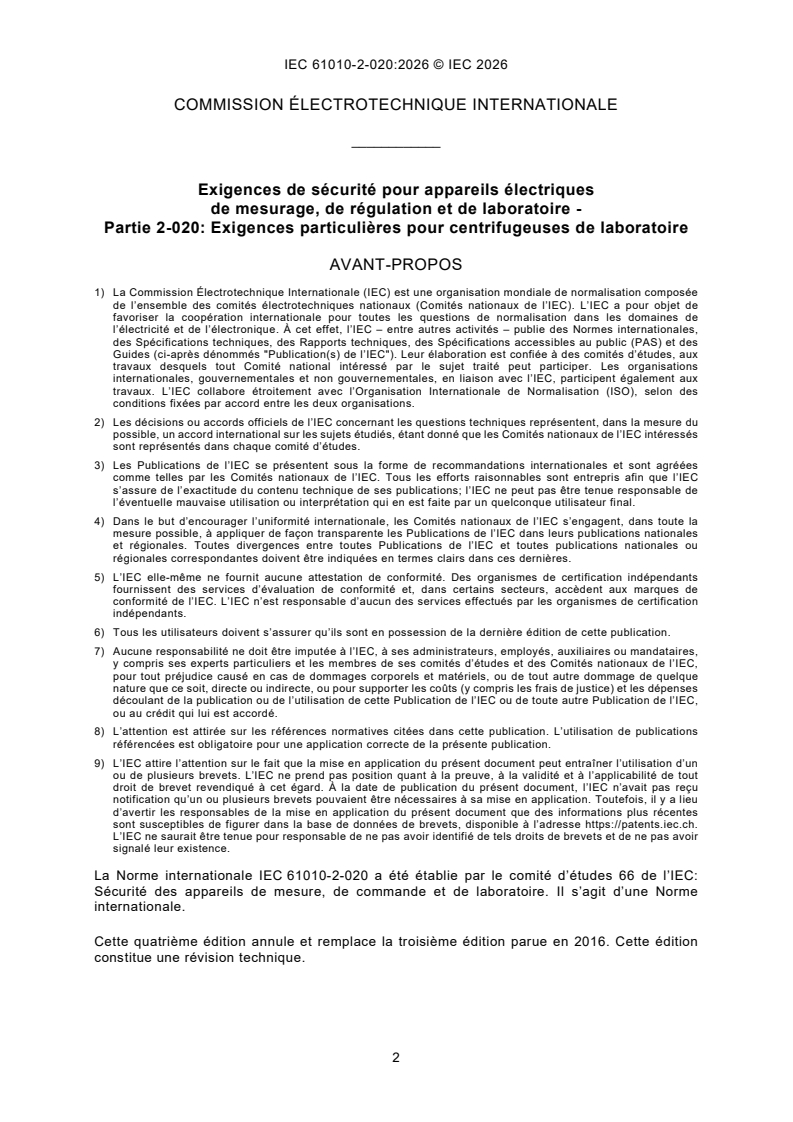 IEC 61010-2-020:2026 iec61010-2-020{ed4.0}fr - Exigences de sécurité pour appareils électriques de mesurage, de régulation et de laboratoire - Partie 2-020: Exigences particulières pour centrifugeuses de laboratoire - Page 4 preview