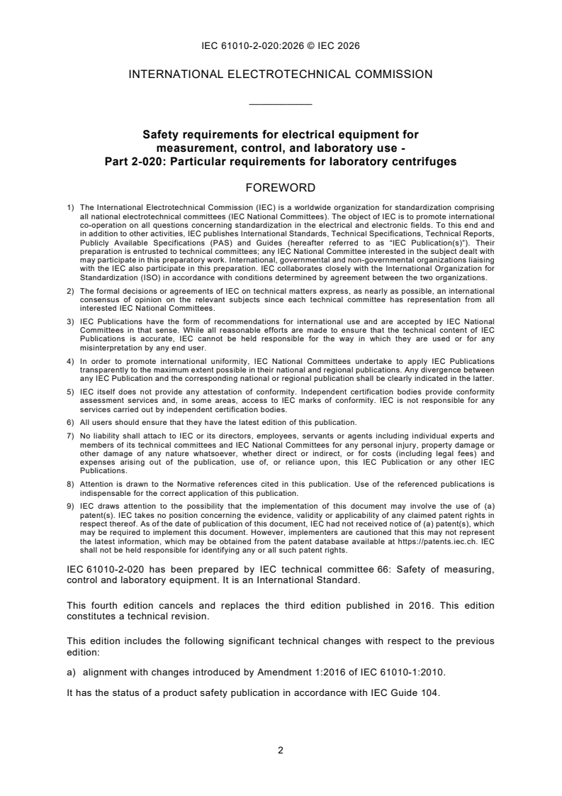 IEC 61010-2-020:2026 iec61010-2-020{ed4.0}en - Safety requirements for electrical equipment for measurement, control, and laboratory use - Part 2-020: Particular requirements for laboratory centrifuges - Page 4 preview