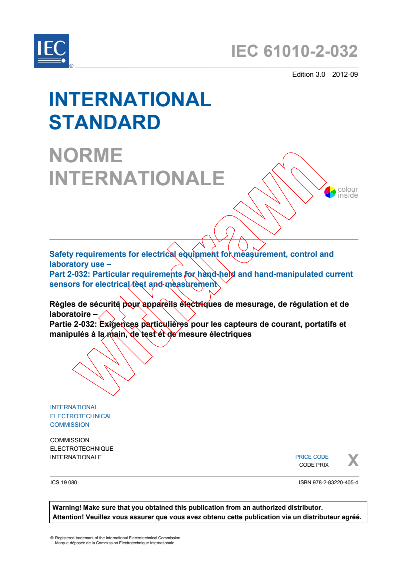 IEC 61010-2-032:2012 IEC 61010-2-032:2012 - Safety requirements for electrical equipment for measurement, control and laboratory use - Part 2-032: Particular requirements for hand-held and hand-manipulated current sensors for electrical test and measurement
Released:9/26/2012 - Page 3 preview