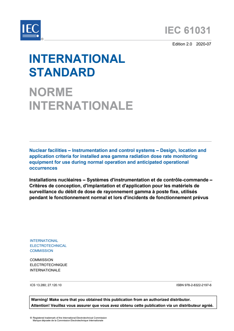 IEC 61031:2020 IEC 61031:2020 - Nuclear facilities - Instrumentation and control systems - Design, location and application criteria for installed area gamma radiation dose rate monitoring equipment for use during normal operation and anticipated operational occurrences
Released:7/28/2020 - Page 3 preview