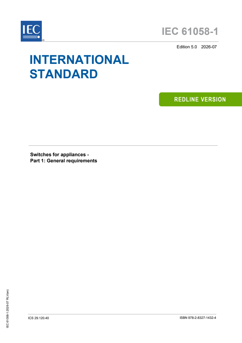 IEC 61058-1:2026 REDLINE IEC 61058-1:2026 RLV - Switches for appliances - Part 1: General requirements - Page 1 preview