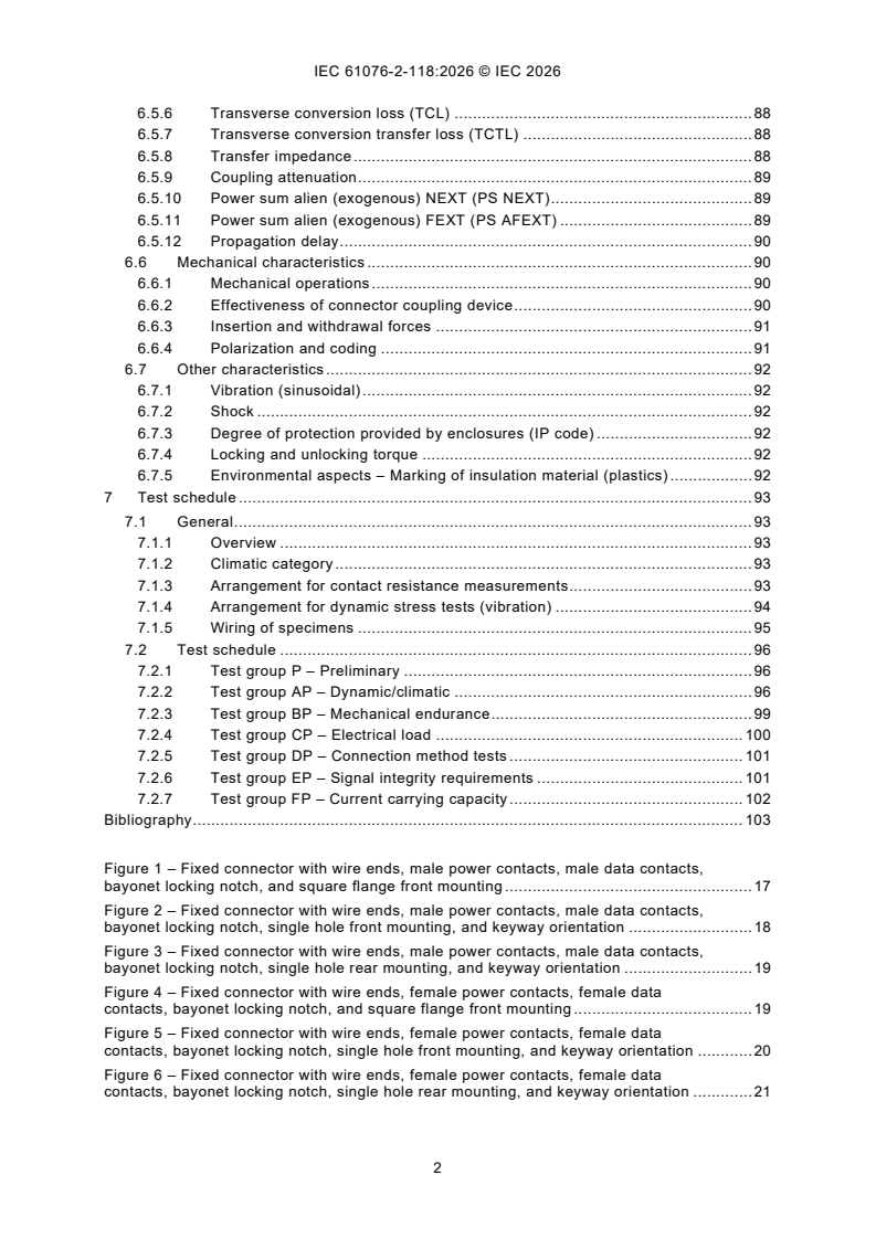 IEC 61076-2-118:2026 IEC 61076-2-118:2026 - Connectors for electrical and electronic equipment - Product requirements - Part 2-118: Circular connectors - Detail specification for shielded and unshielded, free and fixed connectors with bayonet-locking size B12, B17, B23 and B40, for power, signal and data transmission - Page 4 preview