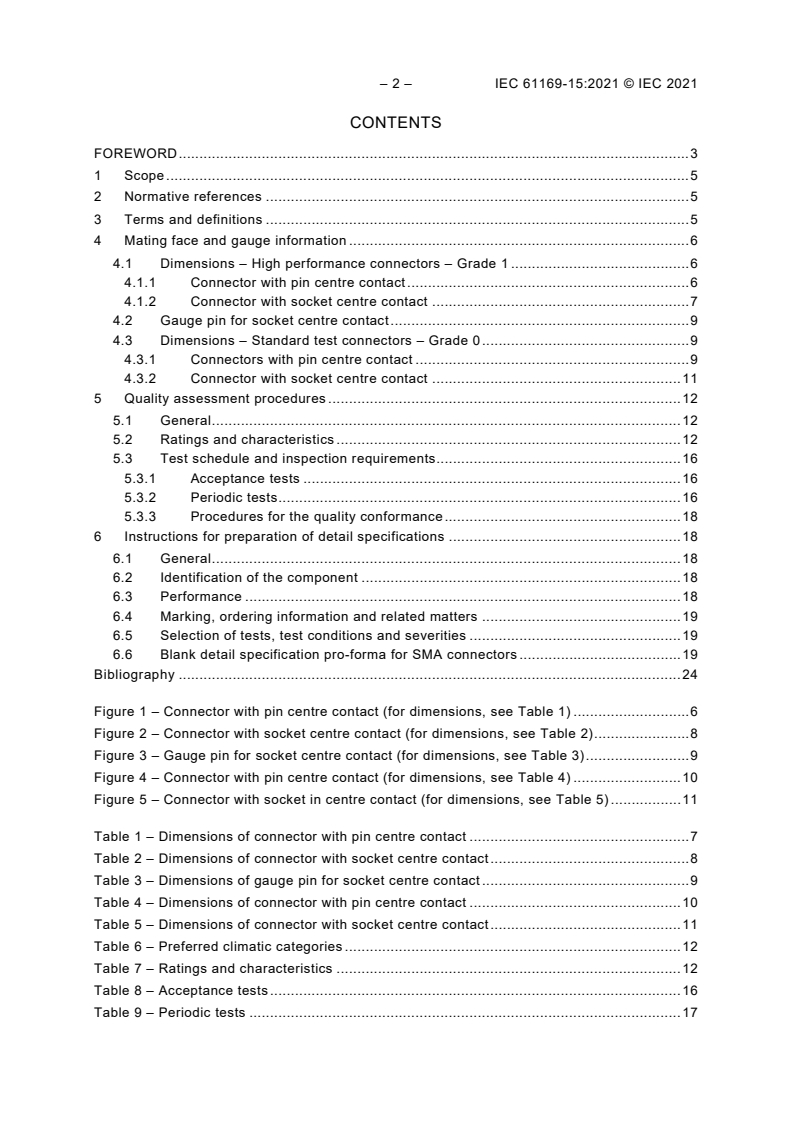 IEC 61169-15:2021 IEC 61169-15:2021 - Radio-frequency connectors - Part 15: Sectional specification - RF coaxial connectors with inner diameter of outer conductor 4,13 mm (0,163 in) with threaded coupling - Characteristic impedance 50 ? (type SMA)
Released:1/19/2021 - Page 4 preview