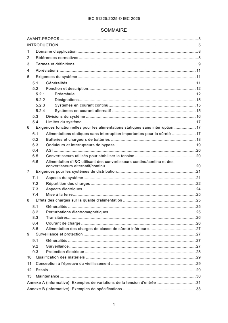 IEC 61225:2025 iec61225{ed4.0}fr - Centrales nucléaires de puissance - Systèmes d'instrumentation, de contrôle-commande et d'alimentation électrique - Exigences pour les systèmes d'alimentation en courant alternatif et en courant continu statiques sans interruption - Page 3 preview