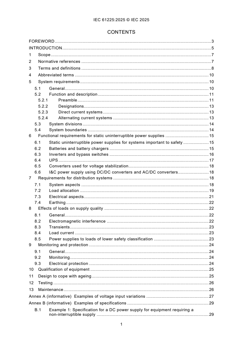 IEC 61225:2025 iec61225{ed4.0}en - IEC 61225:2025 - Nuclear power plants - Instrumentation, control and electrical power systems - Requirements for static uninterruptible DC and AC power supply systems - Page 3 preview