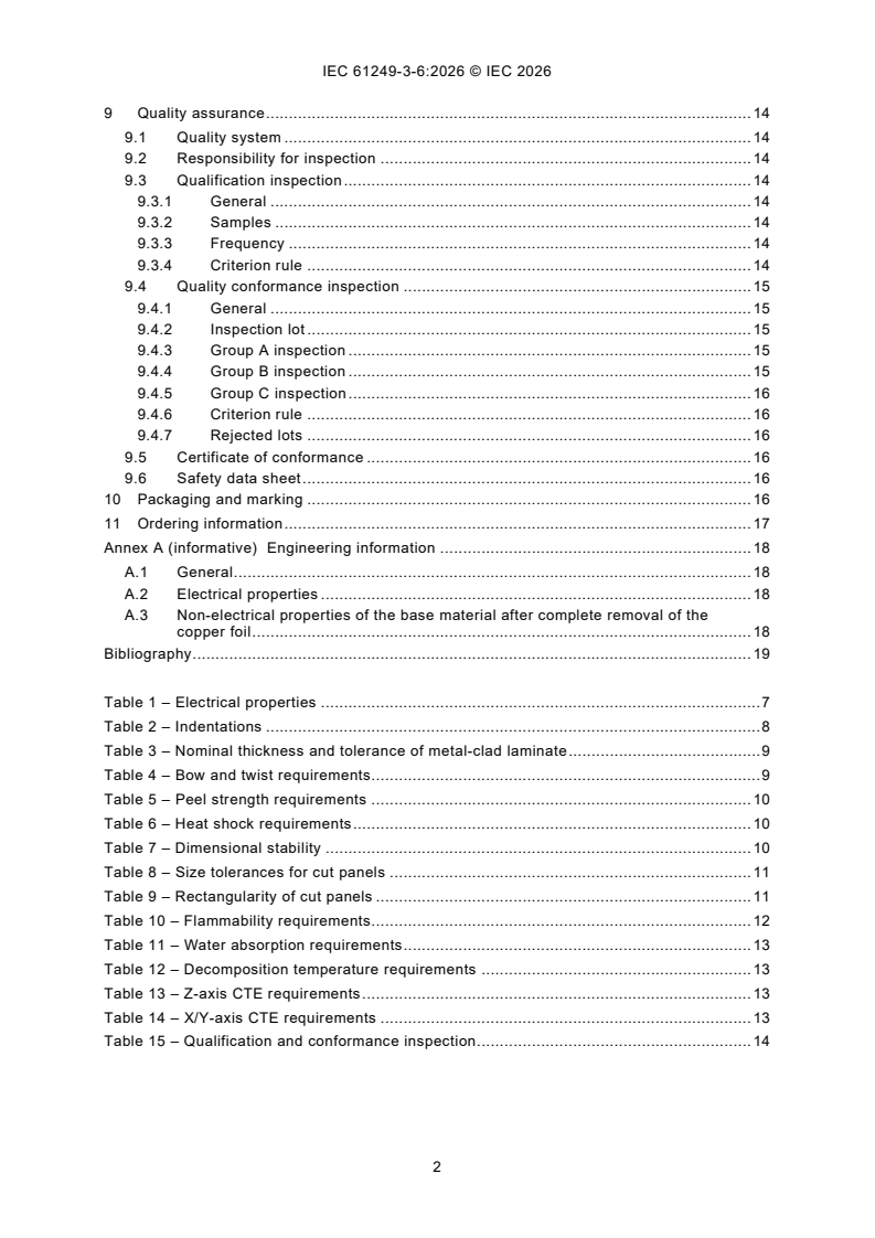 IEC 61249-3-6:2026 IEC 61249-3-6:2026 - Materials for circuit boards and other interconnecting structures - Part 3-6: Sectional specification set for unreinforced base materials clad and unclad - Polytetrafluoroethylene (PTFE) filled laminate sheets of defined flammability (vertical burning test), copper-clad - Page 4 preview