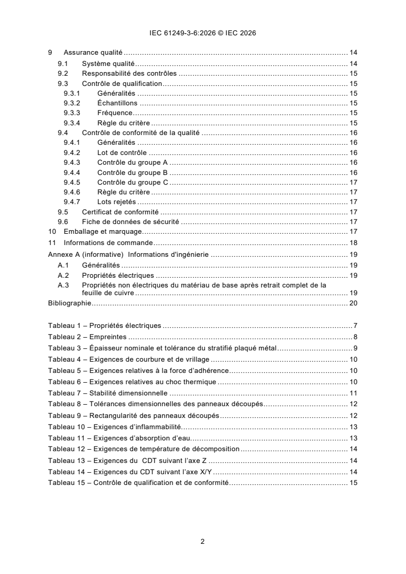IEC 61249-3-6:2026 iec61249-3-6{ed1.0}fr - Matériaux pour circuits imprimés et autres structures d'interconnexion - Partie 3-6: Spécification intermédiaire pour les matériaux de base non renforcés, plaqués et non plaqués - Feuilles stratifiées en PTFE avec charges d’inflammabilité définie (essai de combustion verticale), plaquées cuivre - Page 4 preview