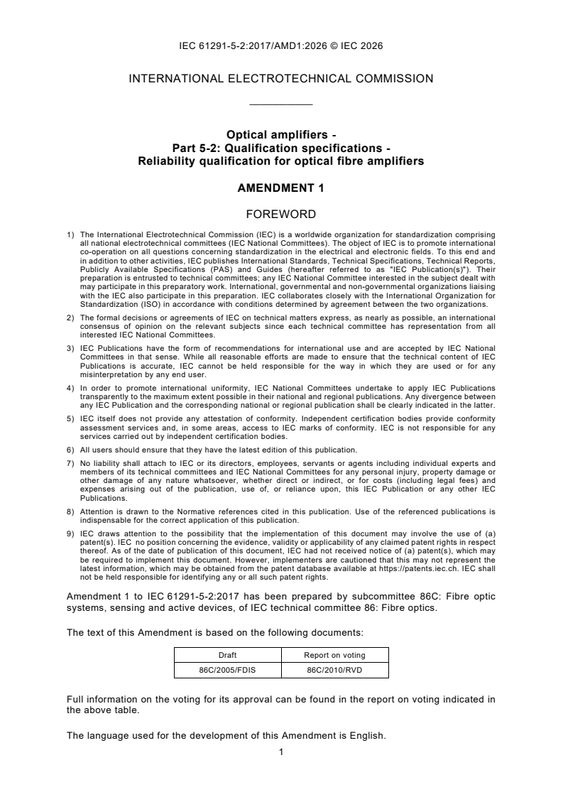 IEC 61291-5-2:2017/AMD1:2026 IEC 61291-5-2:2017/AMD1:2026 - Amendment 1 - Optical amplifiers - Part 5-2: Qualification specifications - Reliability qualification for optical fibre amplifiers - Page 3 preview
