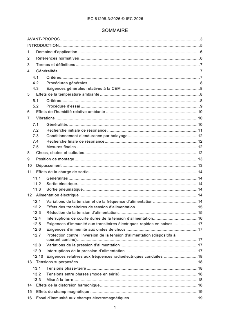 IEC 61298-3:2026 iec61298-3{ed3.0}fr - Dispositifs de mesure et de commande de processus - Méthodes et procédures générales d'évaluation des performances - Partie 3: Essais pour la détermination des effets des grandeurs d'influence - Page 3 preview