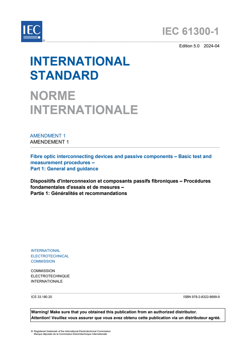 IEC 61300-1:2022/AMD1:2024 IEC 61300-1:2022/AMD1:2024 - Amendment 1 - Fibre optic interconnecting devices and passive components - Basic test and measurement procedures - Part 1: General and guidance
Released:4/17/2024 - Page 3 preview