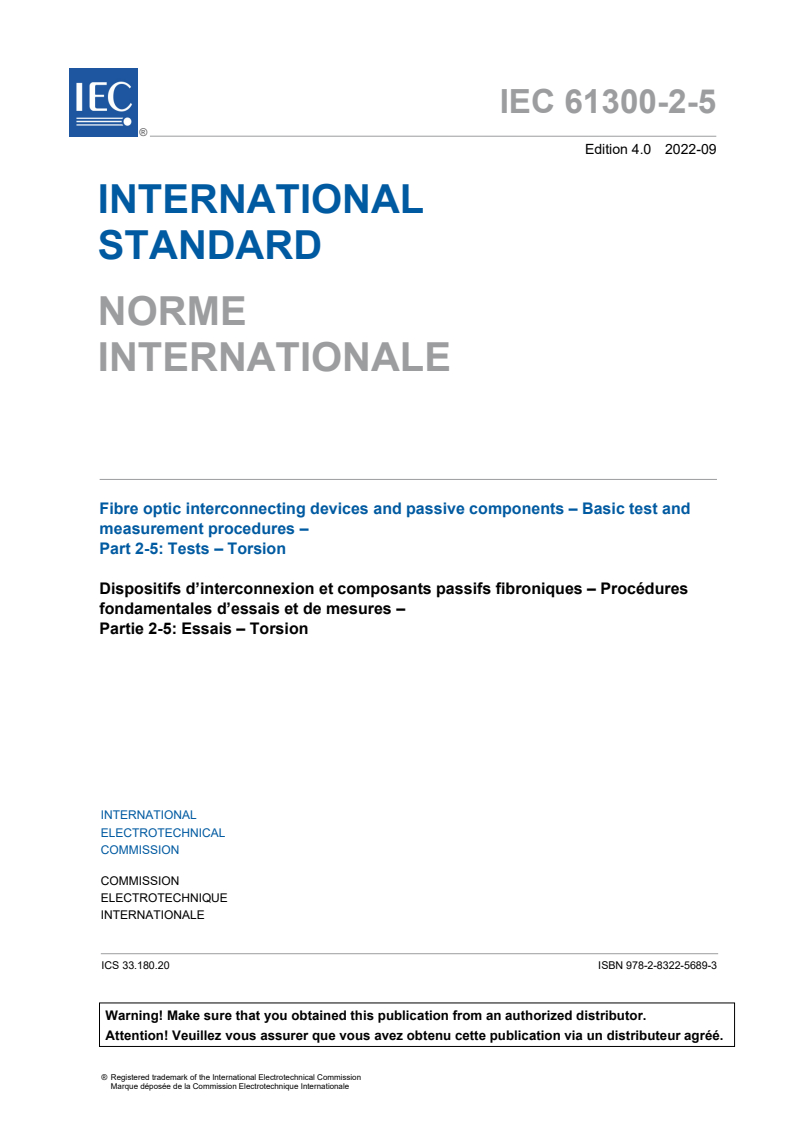 IEC 61300-2-5:2022 IEC 61300-2-5:2022 - Fibre optic interconnecting devices and passive components - Basic test and measurement procedures - Part 2-5: Tests - Torsion
Released:9/14/2022 - Page 3 preview
