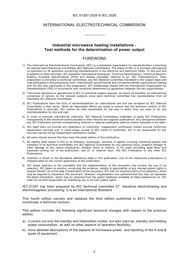 IEC 61307:2026 iec61307{ed4.0}en - Industrial microwave heating installations - Test methods for the determination of power output - Page 4 preview