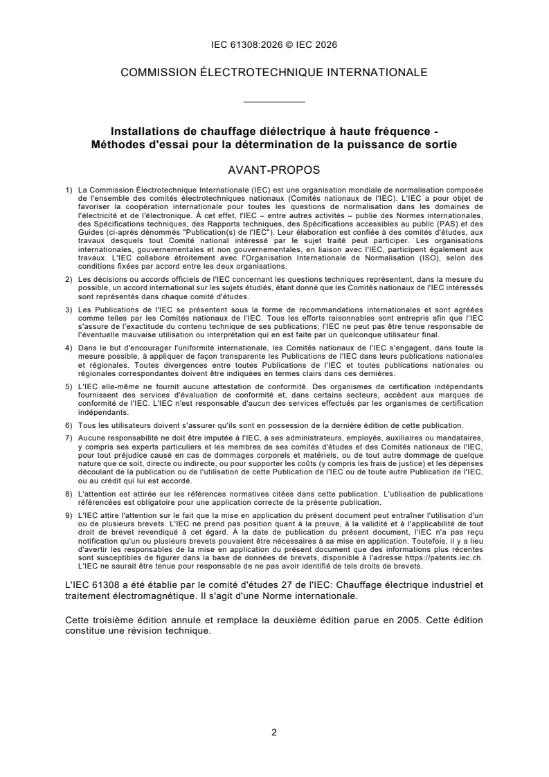 IEC 61308:2026 IEC 61308:2026 - Installations de chauffage diélectrique à haute fréquence - Méthodes d'essai pour la détermination de la puissance de sortie - Page 4 preview