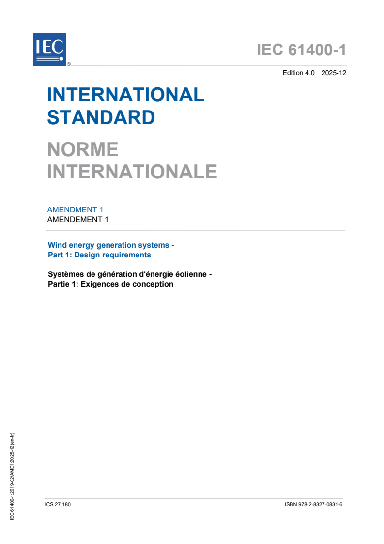 IEC 61400-1:2019/AMD1:2025 - Amendment 1 - Wind energy generation systems - Part 1: Design requirements
Released:18. 12. 2025
Isbn:9782832708316