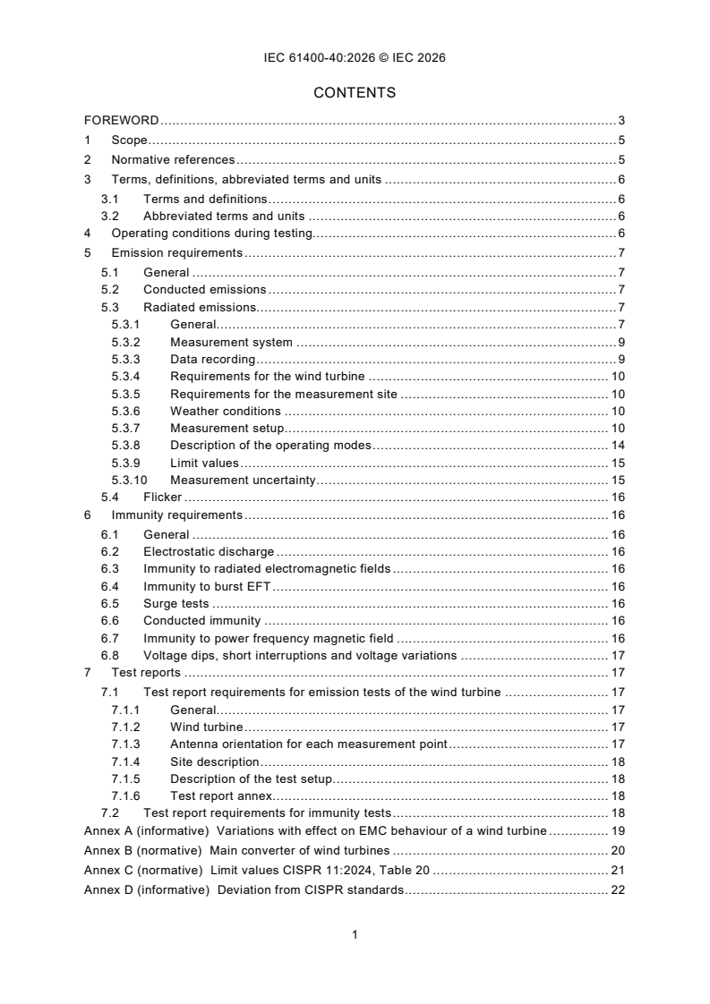 IEC 61400-40:2026 IEC 61400-40:2026 - Wind energy generation systems - Part 40: Electromagnetic compatibility (EMC) - Requirements and test methods - Page 3 preview